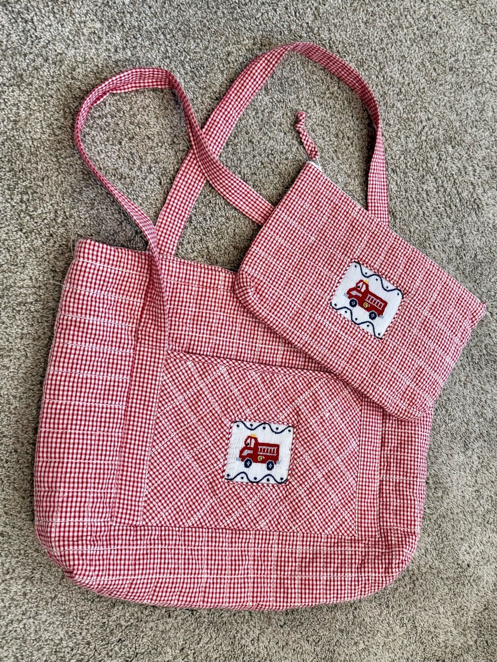 Little English Red Gingham Tote & accessory bag with Fire Truck Smocked Plate